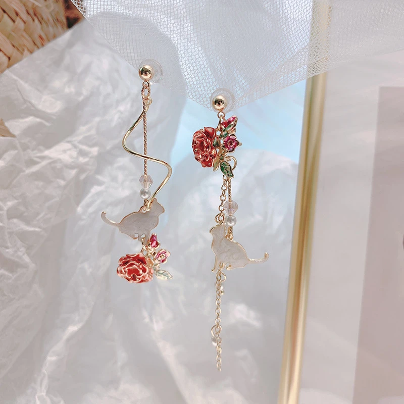 MWSONYA Sweet Cute Cat Flowers Leaves Pendant Earrings Flower Tassel Earrings for Women Drop Earrings Jewelry Earrings