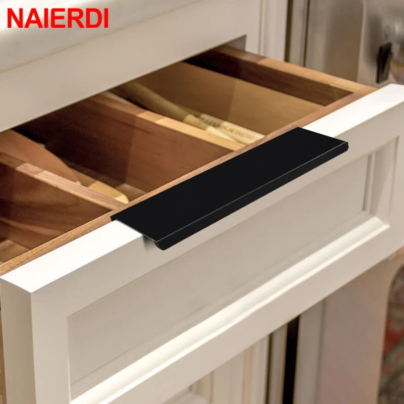 NAIERDI Black Hidden Cabinet Handles Aluminum Alloy Kitchen Cupboard Pulls Drawer Knobs Furniture Handle Bedroom Door Hardware