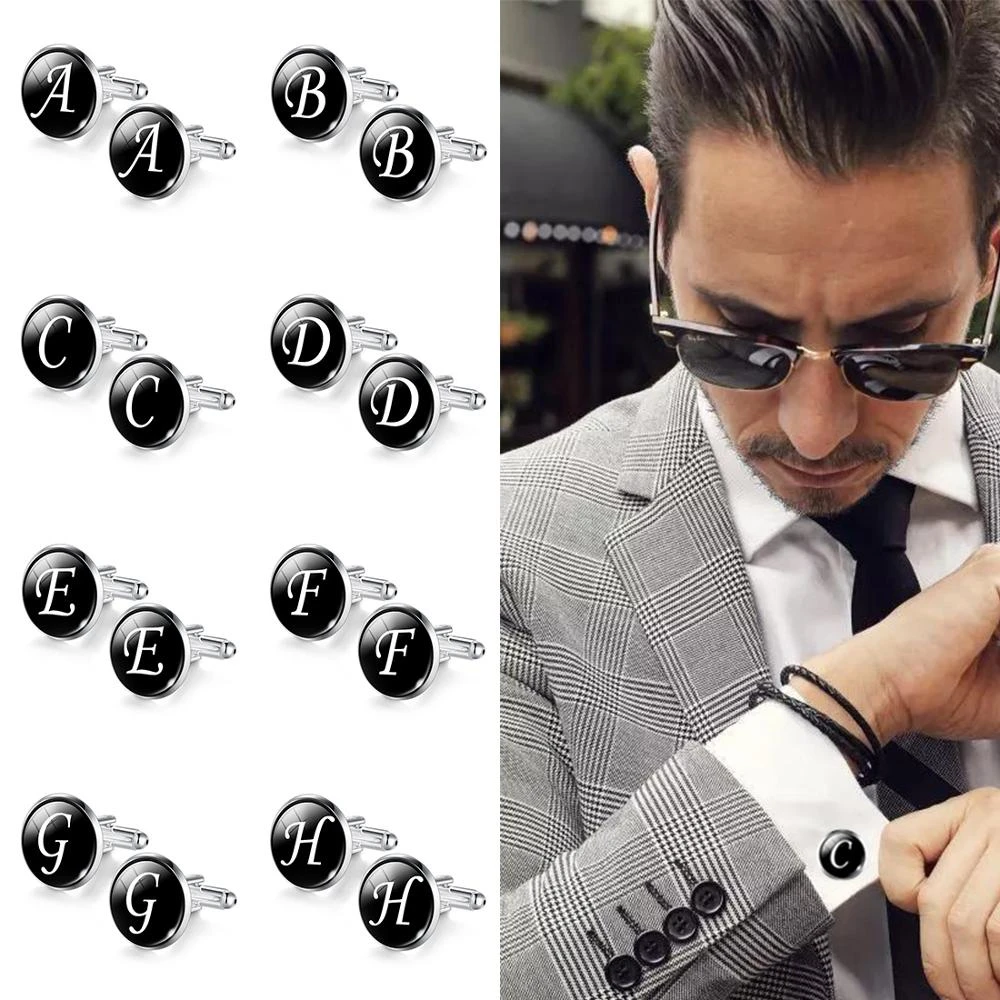 2pcs Trendy Men Cufflinks A-Z Single Alphabet Shirt Cuff Button Business Cuff links Silver Color Male Cufflinks Wedding Gifts