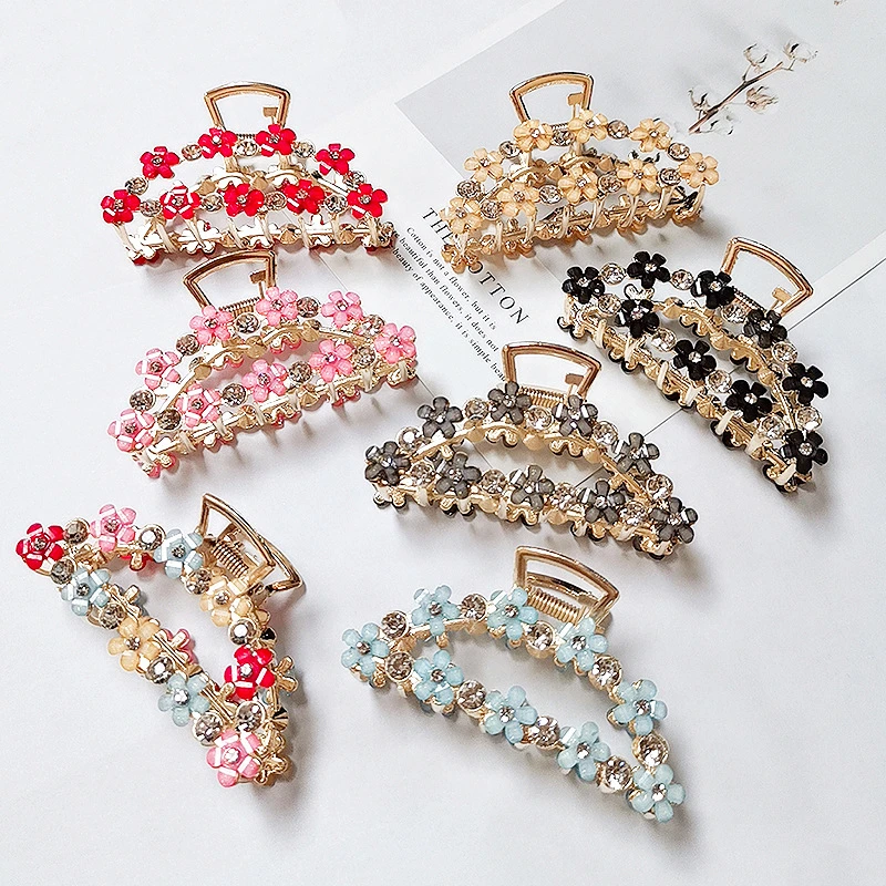 1Pcs Geometric Metal Hair Clip Hair Claws Flowers Rhinestones Square Semicircle Shaped Hair Crab Clamp Women Large Size Hairpins