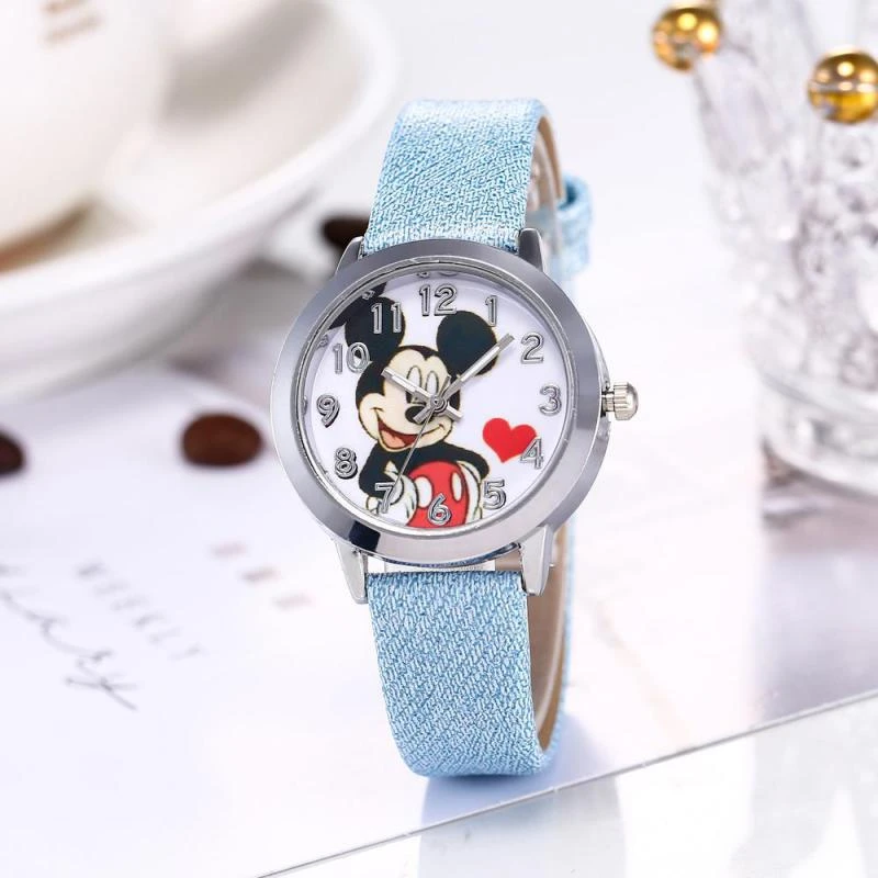 Disney Mickey Minnie Cartoon Color number dial pointer Luminous children students leather quartz Wrist watch birthday gifts