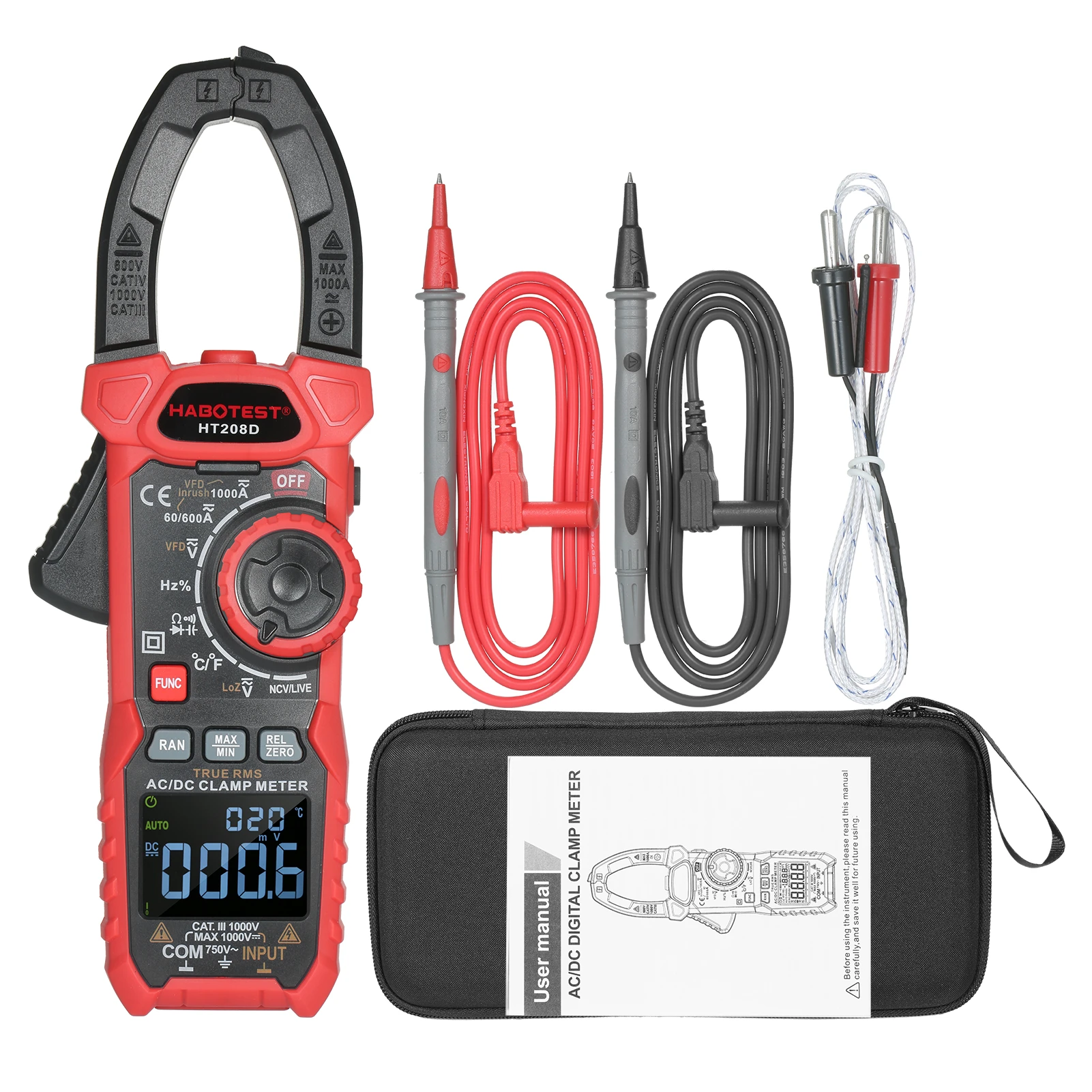 HABOTEST HT208D/HT208A AC/DC Digital Clamp Meter True-RMS Multimeter Anto-Ranging Multi Tester Current Clamp with Amp Volt Ohm