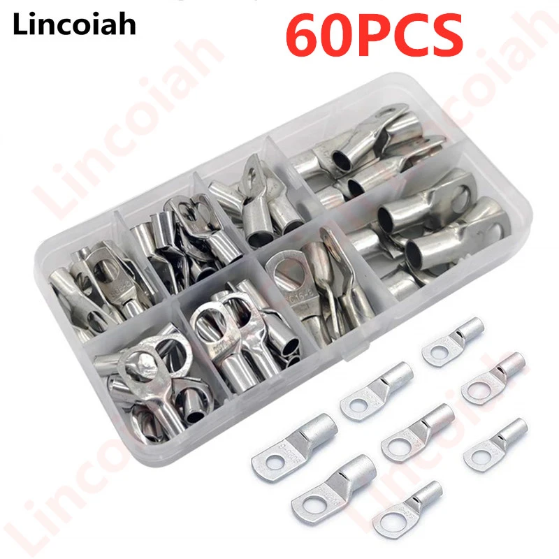 60Pcs SC Bare Terminals lug Tinned Copper Tube Lug Ring Seal Battery Wire Connectors Bare Cable Crimped/Soldered Terminal Kit