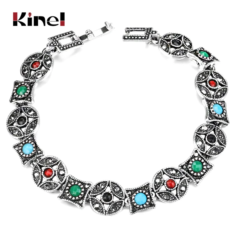 Kinel Hot Bohemia Bracelets Bangles Tibetan Silver Multicolor Resin Cuff Women Bracelets Vintage Jewelry Wholesale