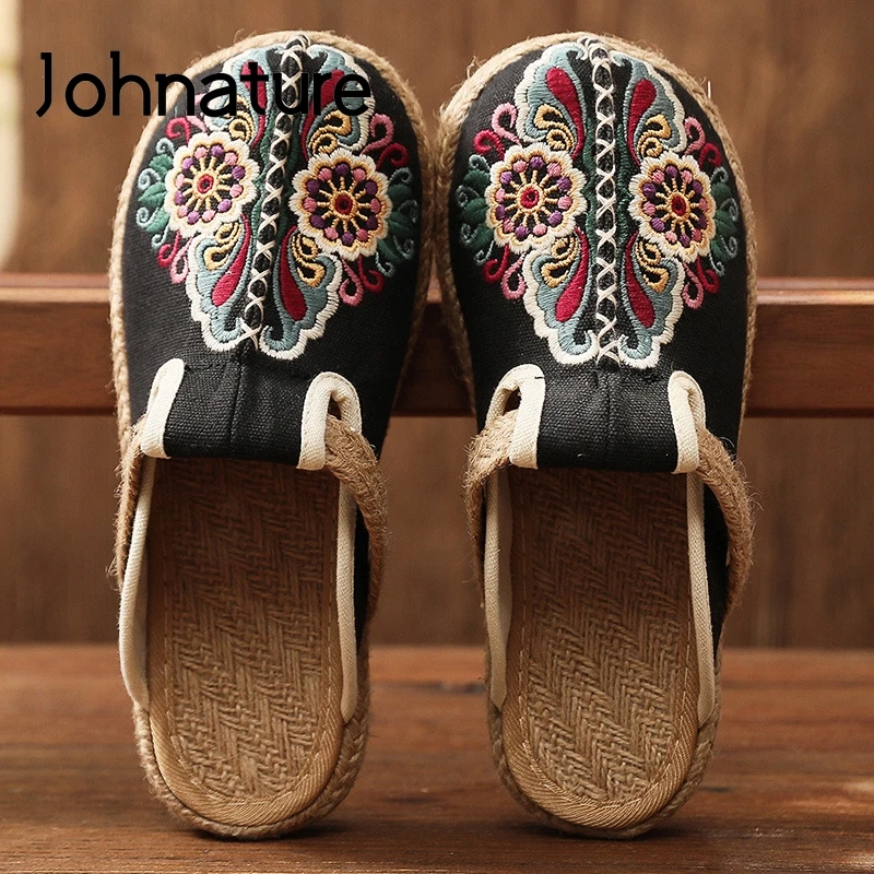 Johnature Women Slippers Summer 2021 New Slides Embroider Flat With Women Shoes Retro Flower Handmade Concise Ladies Slippers