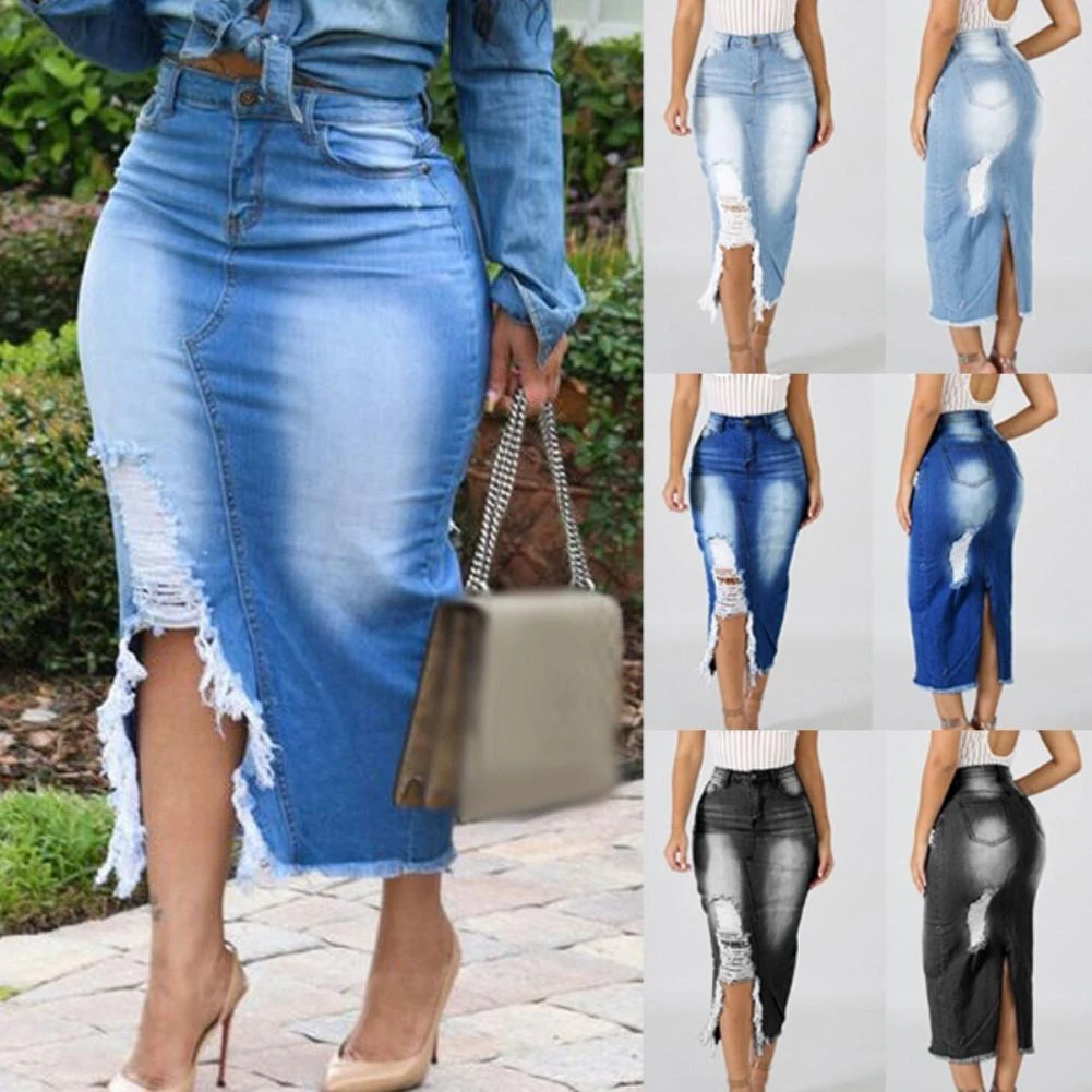 HOT SALES!!! Women Fashion High Waist Ripped Split Denim Distressed Jeans Bodycon Long Skirt Wholesale Dropshipping