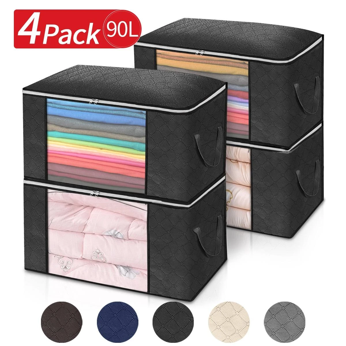 90L 4pcs/set Large Capacity Clothes Storage Bag Home Organizer Foldable with Reinforced Handle for Comforters Blankets Bedding