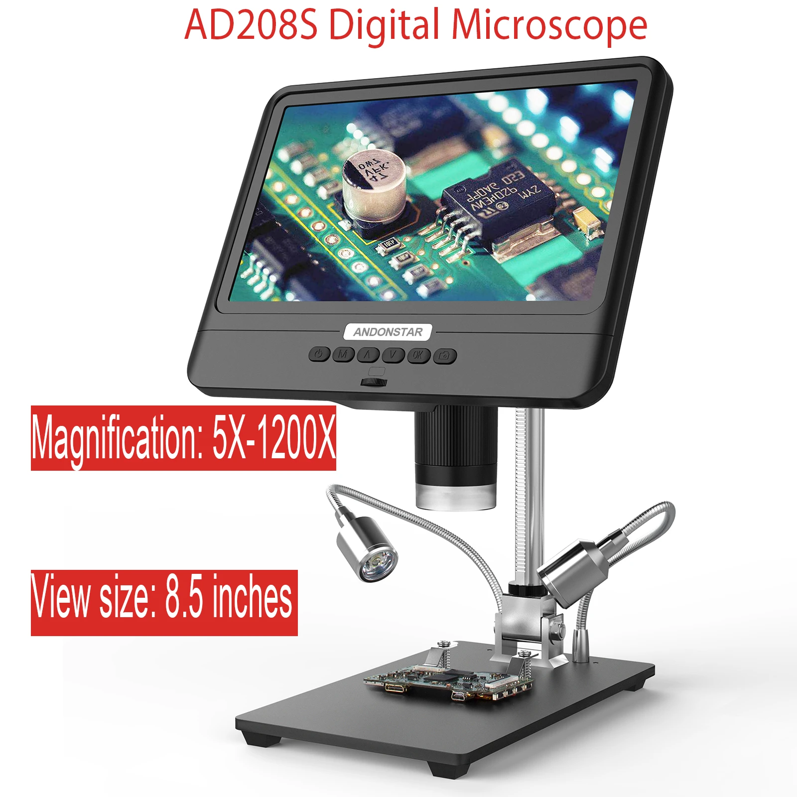 AD208S Electronic Microscope 5X-1200X Digital Microscope Camera For Soldering Magnifier Adjustable 1080P Scope With 10 LED Light