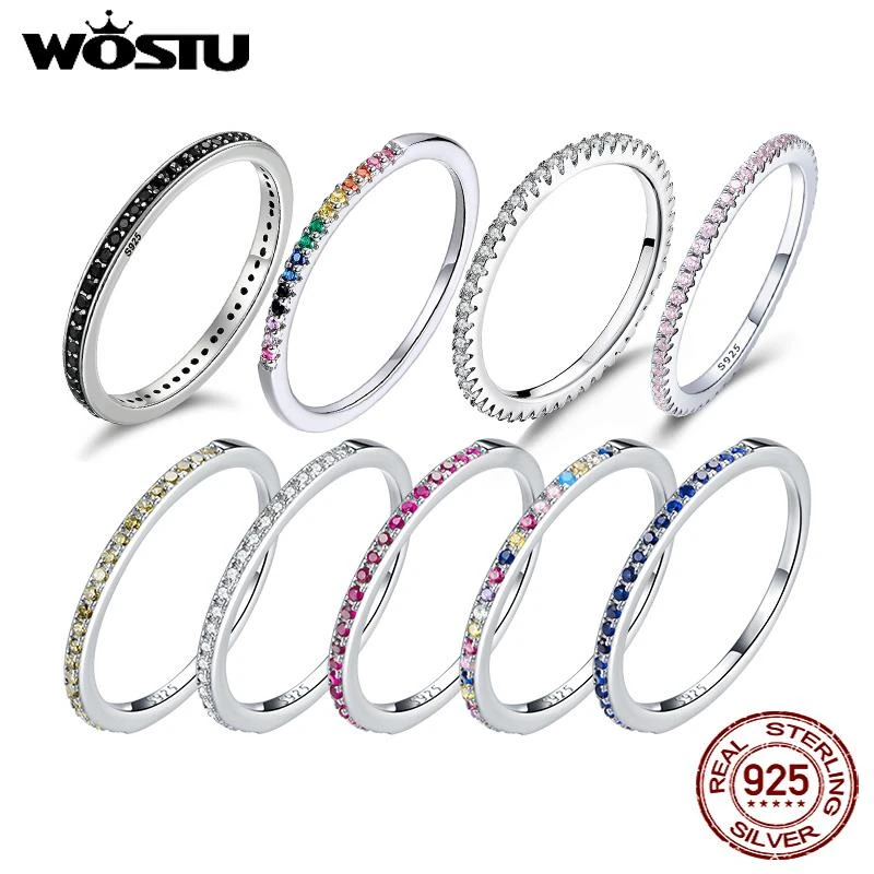 WOSTU Authentic 925 Sterling Silver Finger Stackable Rings Colorful Zircon Women Wedding Luxurious Fine Jewelry Making Gift