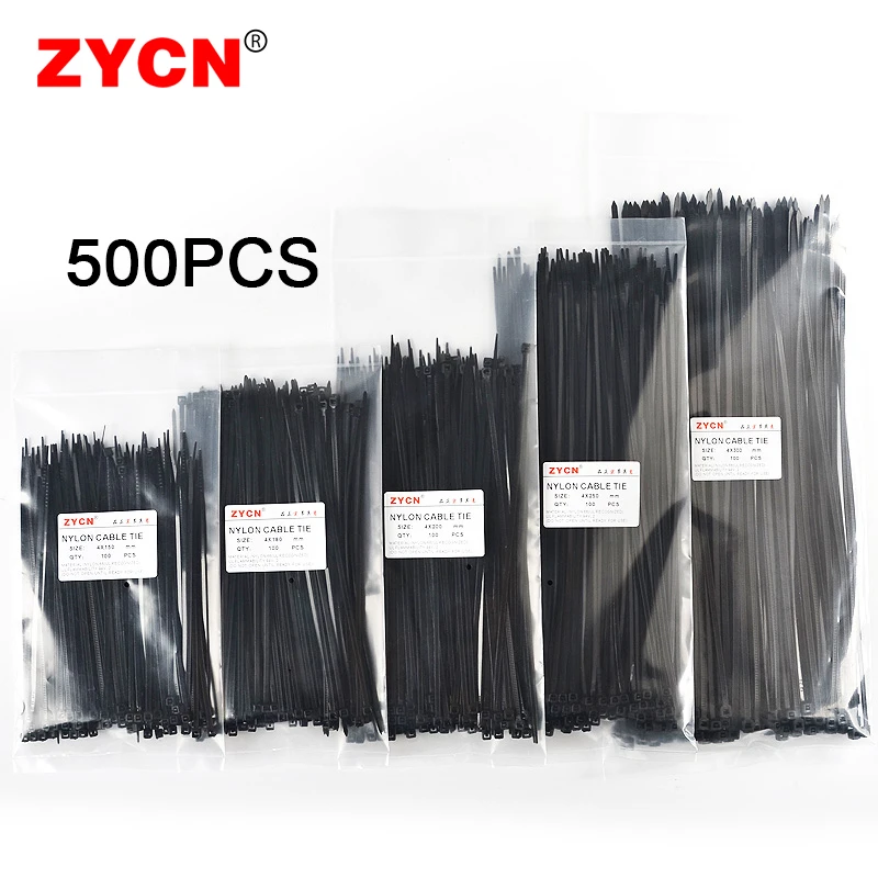 Self-Locking Nylon Cable Ties Set Width 1.9 x60/80/100/120/150mm AssortedBlack Plastic Zip Loop Wire Wrap 2.5*250 4.5*300 500pcs