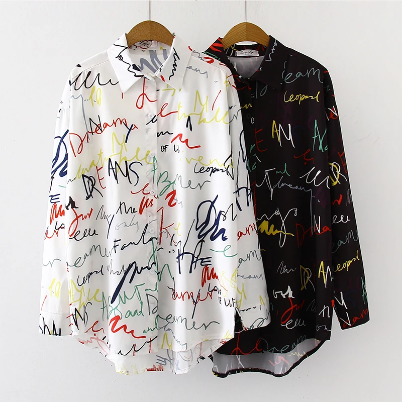 2021 Spring Autumn Long Sleeve Women Blouses Graffiti letter print Blouse Fashion casual Loose Shirts Tops Blusas Mujer
