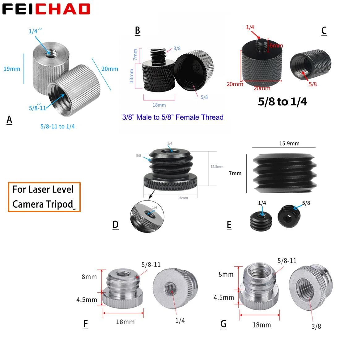 1Pc 1/4 3/8 to 5/8 Female Male Threaded Screw Mount Adapter for Laser Level Tripod Converter SLR Camera Photo Studio Accessories