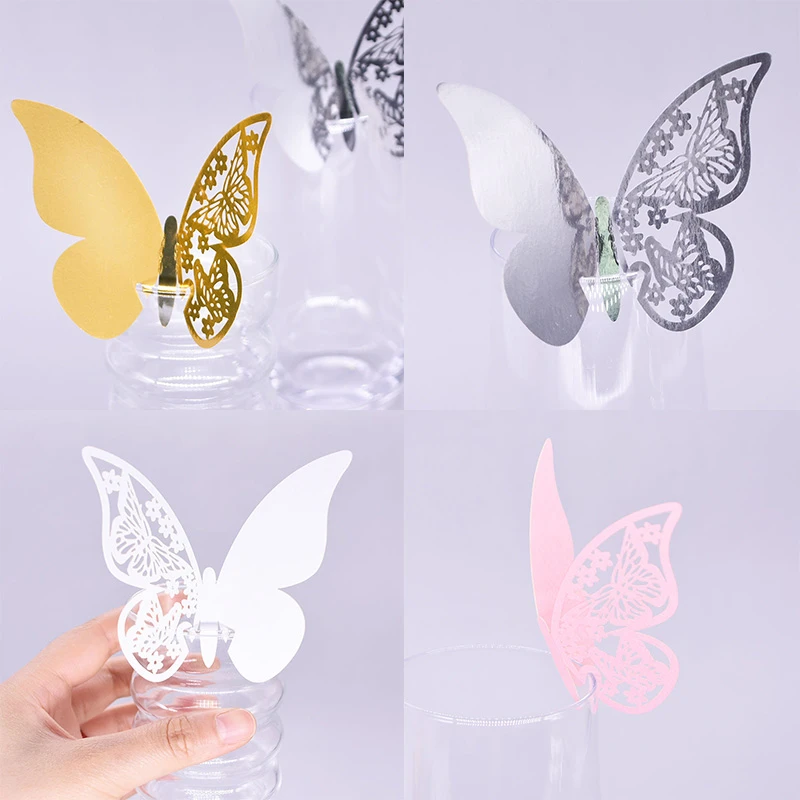 20pcs/50pcs Gold Silver Pink White Shiny Butterfly Name Cards Seat Place Card Wine Glass Cup Paper Card For Wedding Party Decor