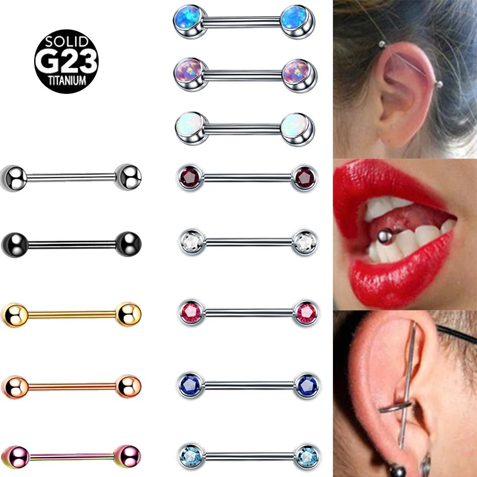 1Pc G23 Titanium Tongue Ring 14G 16G Tongue Piercing Industrial Barbell Ring Nipple Helix Earrings Tragus Piercing Body Jewelry