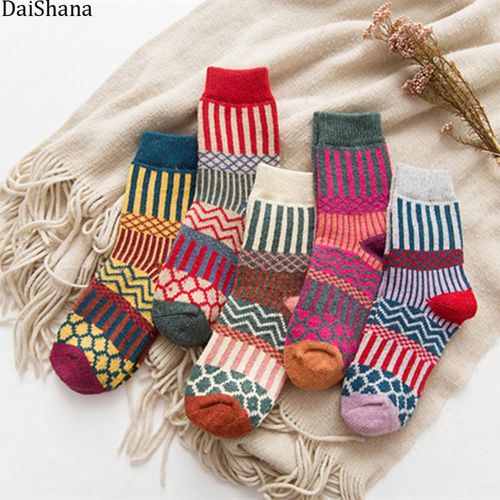 DaiShana 2019 New Winter Thick Warm Wool Women Socks Colorful Socks Fashion Casual Euramerican National Wind-Flowers Cotton Sock