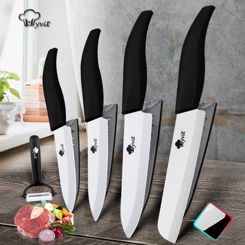 Ceramic Knife 3 4 5 6 inch Kitchen Knives with Peeler Serrated Bread Set Zirconia Black Blade Fruit Chef Knife Vege Cook Tool