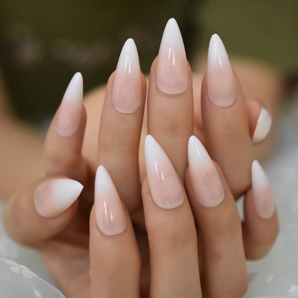 Glossy Ombre French Stilettos Fake Nails Gradient Pink Nude Long Sharp Artificial UV False Salon Party Nail Tips Faux Ongle