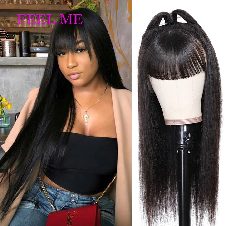Straight Human Hair Wigs With Bangs Pre Plucked Full Machine Made Wigs Peruvian Human Hair Wig Natural 130% Remy Straight Wigs