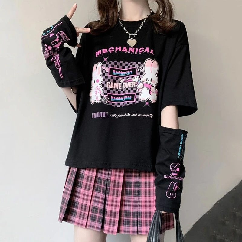 QWEEK Y2k E Girl Cartoon Print Graphic T Shirts Women 2021 Summer Kawaii Feminine Clothes Harajuku Black Tops Tee Shirt Female