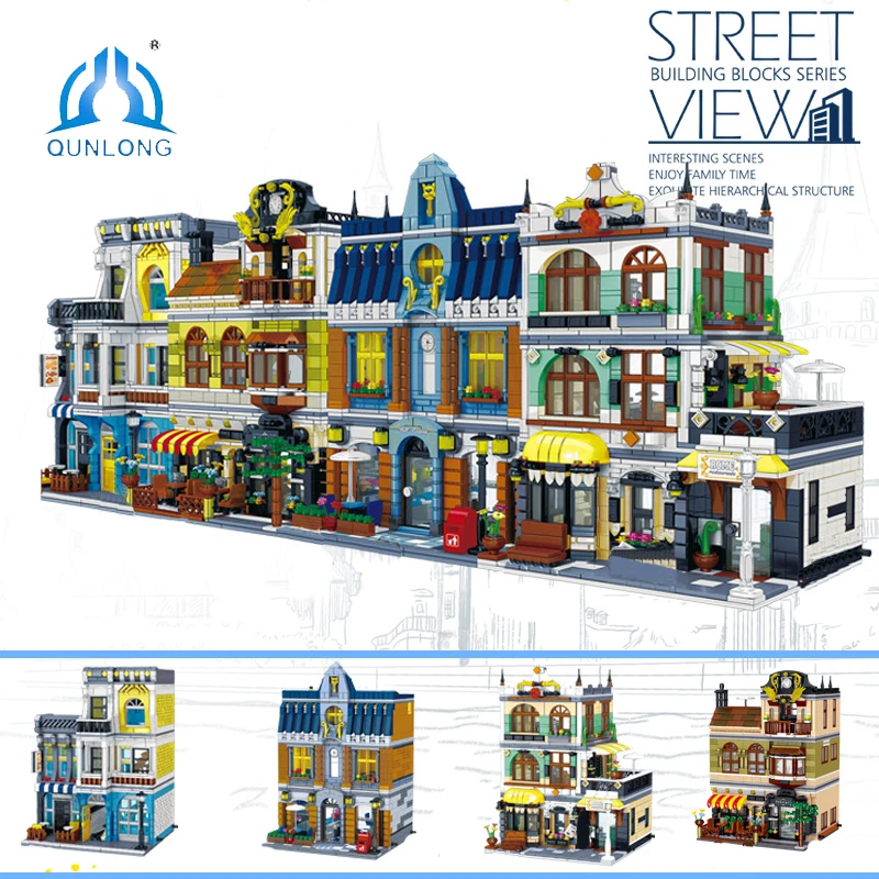 QUNLONG City Buildings Sets Coffee Shop House Hotel Architecture Restaurant Store Building Blocks City Street View Bricks Toys