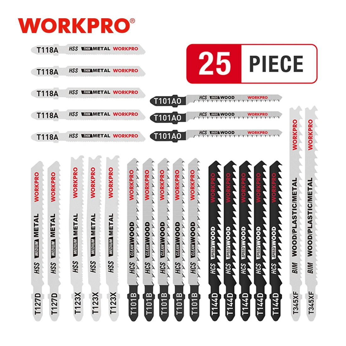 WORKPRO 25PC Saw Blades T-Shank  Jigsaw Blades Assorted Blades for Wood Plastic Metal Cutting Saw Blades Made with HCS/HSS/BIM