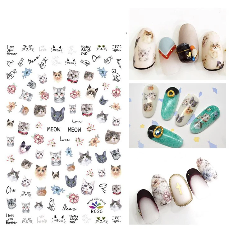 3D Stickers for Nails Self-adhesive Design Cartoons Cat Flowers Nail Art Decorations Decals Foil Wrap Manicure Accessories