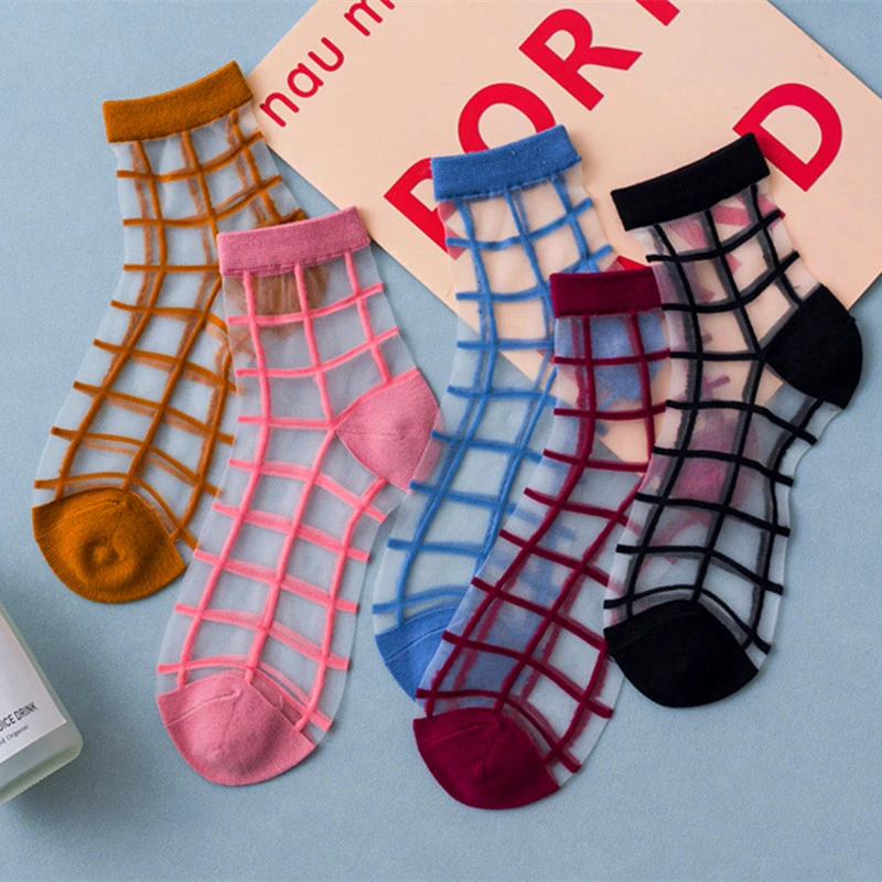 1 Pair Women Socks 15 Styles Harajuku Thin Transparent Socks Striped Plaid Dots Breathable Funny Socks Casual Ankle Socks