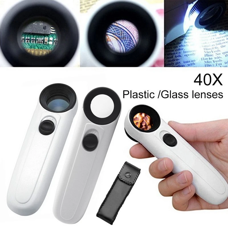 Handheld 40x Magnifier Magnifying Glass with 2 LED Light Handheld Magnifier Loupe Acrylic Lens Glass Loupe Loop