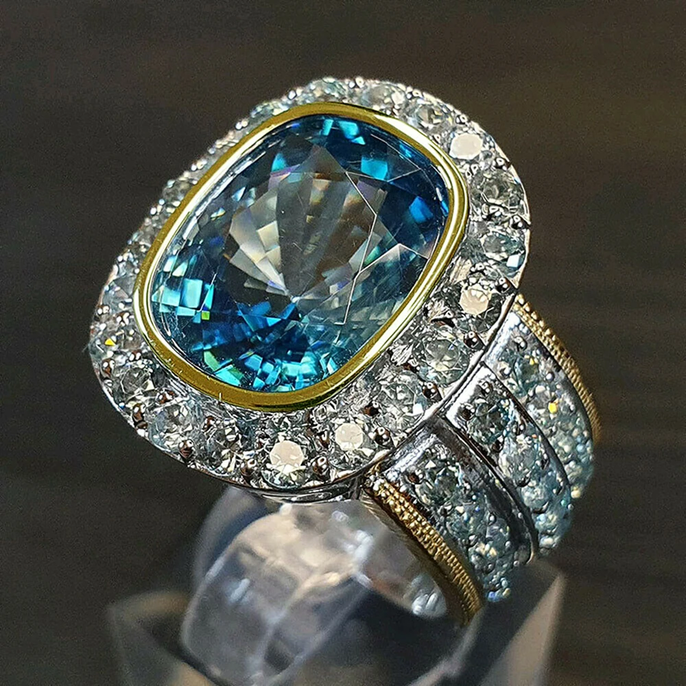 Huitan Brilliant Sky Blue CZ Women Rings Two Tone Bridal Wedding Evening Party Accessories Lady Ring Statement Jewelry Wholesale