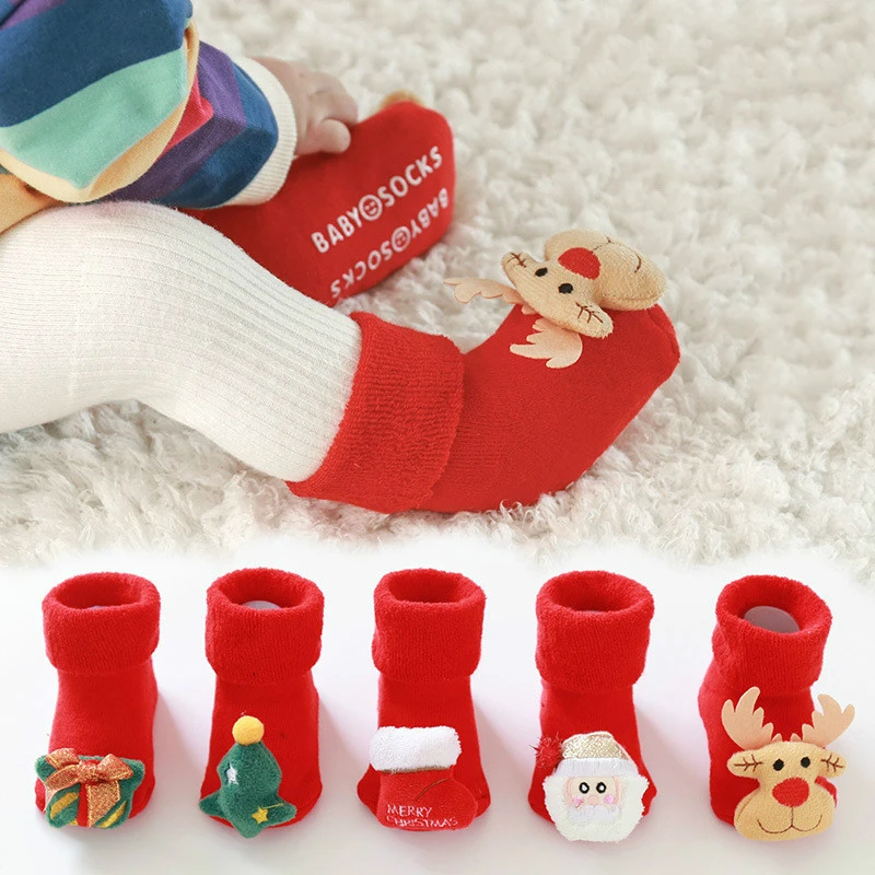 Christmas Themed Children Cotton Cartoon Jacquard Socks Red Christmas Baby Socks Autumn Winter Absorb Sweat Permeability Socks