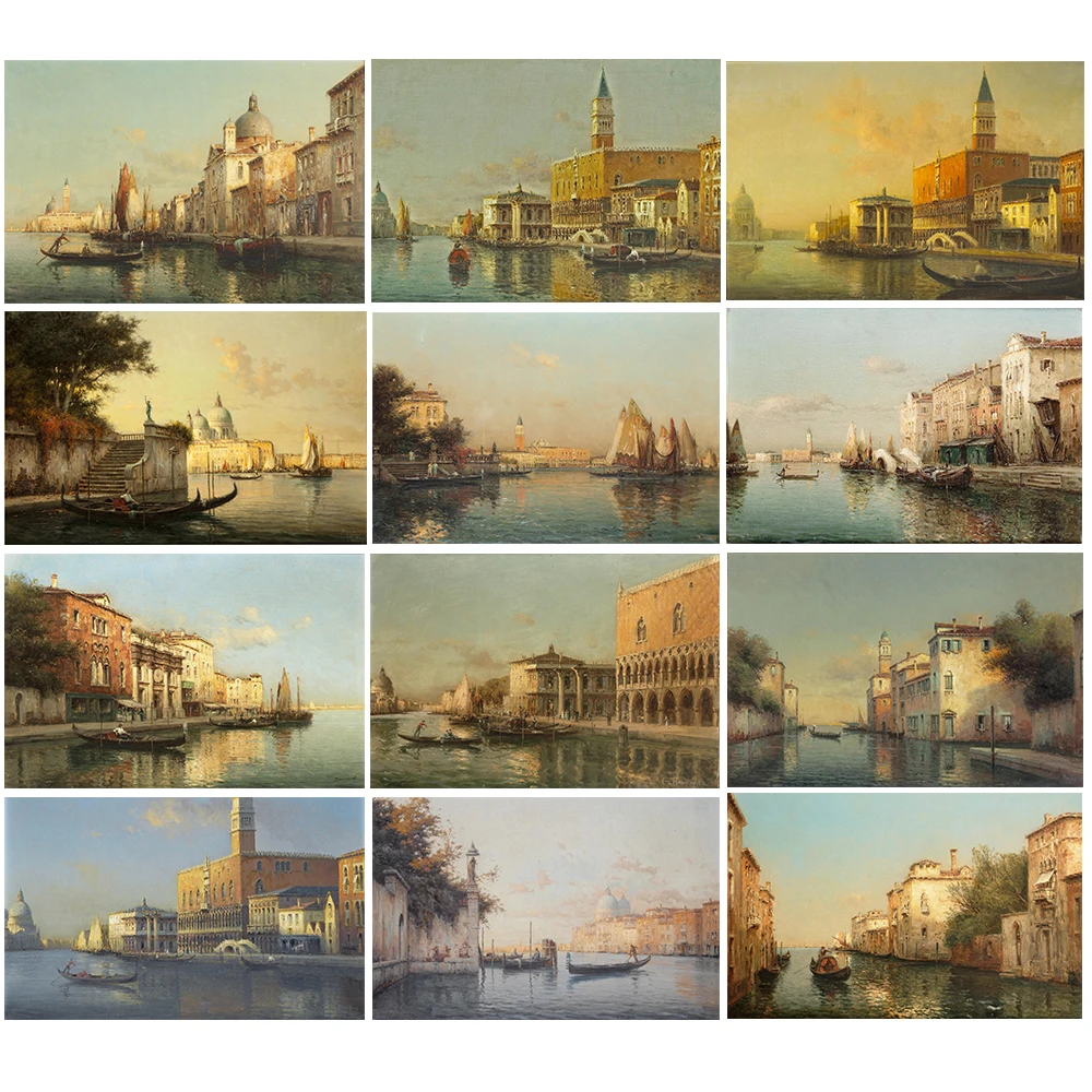 Resorts Vintage Water Town Venice Seascape Oil Painting on Canvas Print Poster Cuadros Modern Wall Art Pictures for Living Room