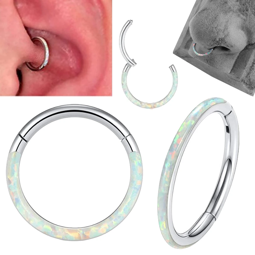 1PC Opal Cartilage Earring 316L Surgical Steel Fire Opal Septum Clicker Nose Ring Hoop Segment Ring Daith Ring Piercing Jewelry