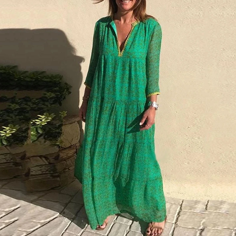 Women's Long Sleeve Bohemian Maxi Dresses Summer Ruffle Vintage Elegant Retro Boho Floral Large Size V-Neck Dress Vestidos