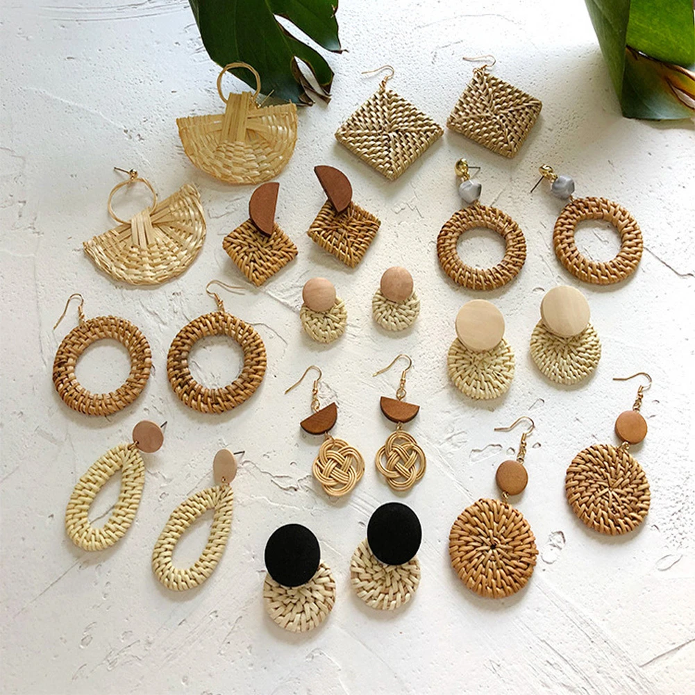 Handmade Bohemian Wooden Rattan Wicker Straw Drop Earrings for Women Girls Vintage Geometric Declaration Earrings