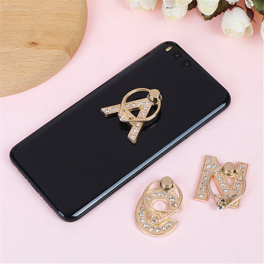 360 Rotation Universal Smartphone A-Z Letter Stand Multi-function Cell Phone Bracket Alphabet Luxury Diamond Finger Ring Holder