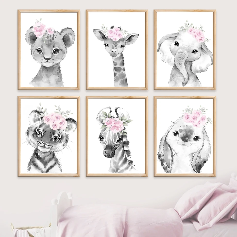 Koala Rabbit Tiger Lion Giraffe Pink Flower Wall Art Canvas Painting Nordic Posters And Prints Wall Pictures For Kids Room Decor