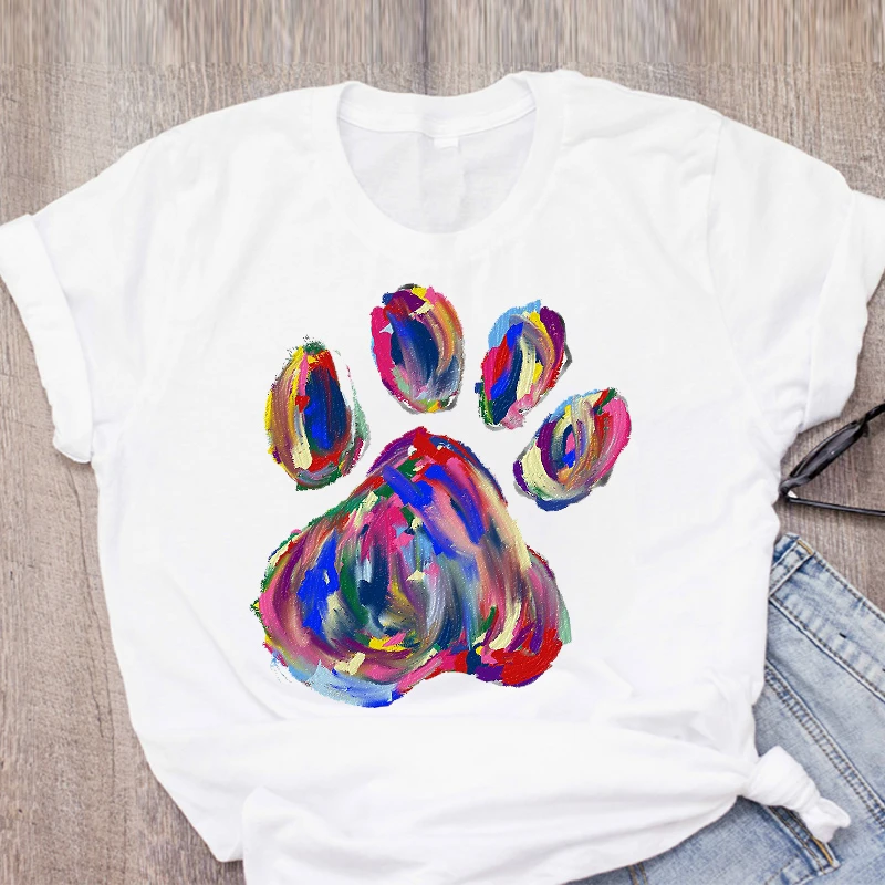 Women Dog Paw Watercolor Cute Short Sleeve Fashion Printed Summer Lady Womens Clothing Tops T-Shirt Shirt Tees Female T Shirt