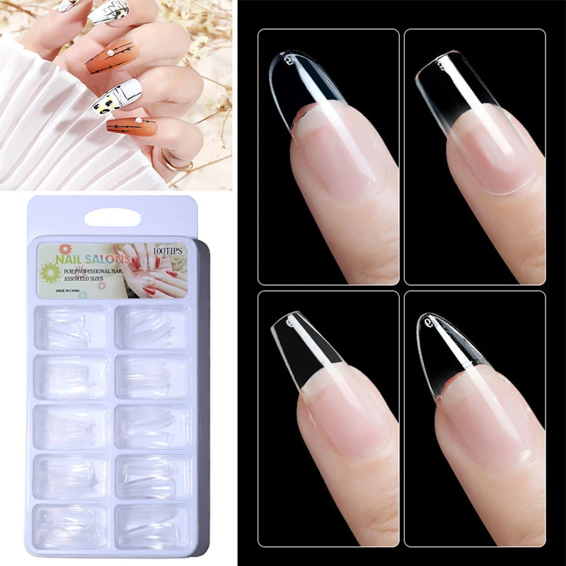 100Pcs Fake Nail Nails Extension Transparent Acrylic Nail Seamless Full/Half Cover Beauty Nail Decor French Nail Manicure Tools