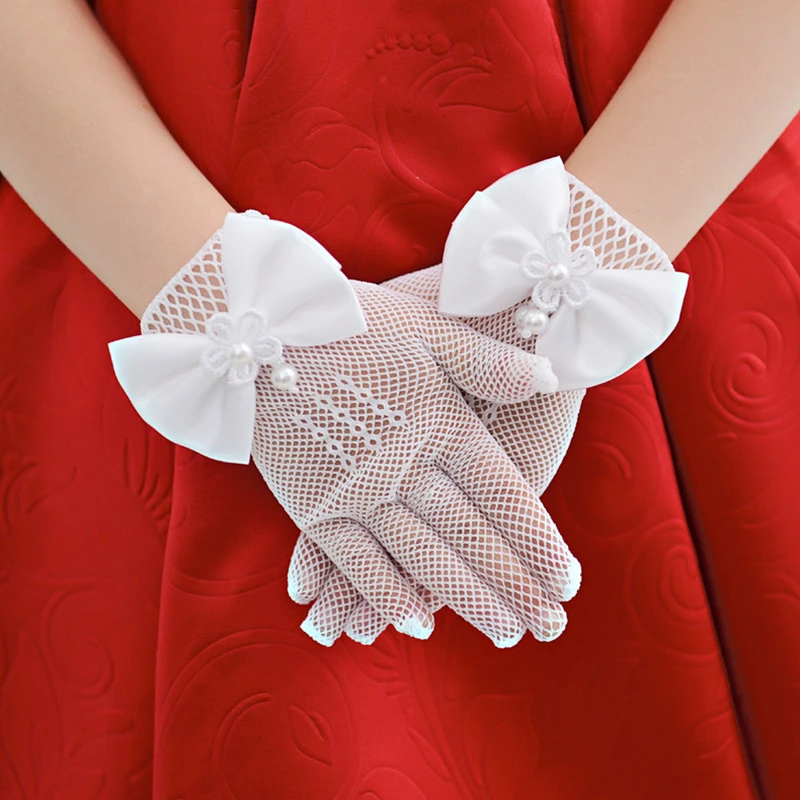 Kids Lace Pearl Mesh Bow Gloves Girl Party Supplies Birthday Ceremony Coronation Accessories For Gilrs Princess Gift Mittens