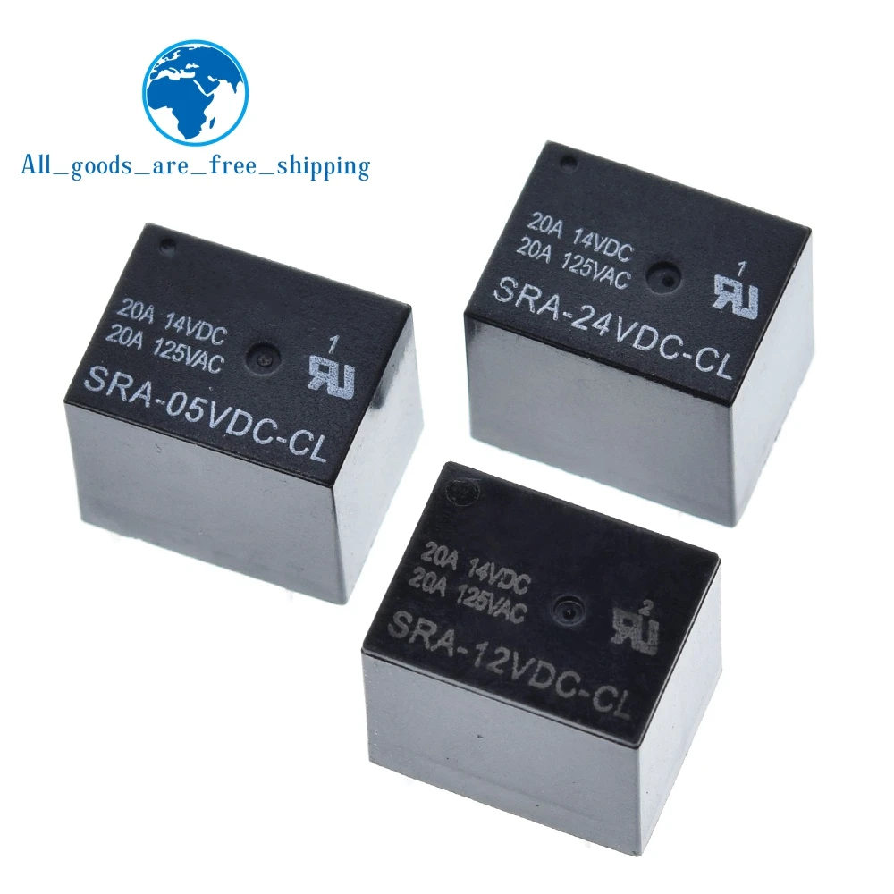 10Pcs 5V 12V 24V 20A DC Power Relay SRA-05VDC-CL SRA-12VDC-CL SRA-24VDC-CL 5Pin PCB Type In stock Black Automobile relay
