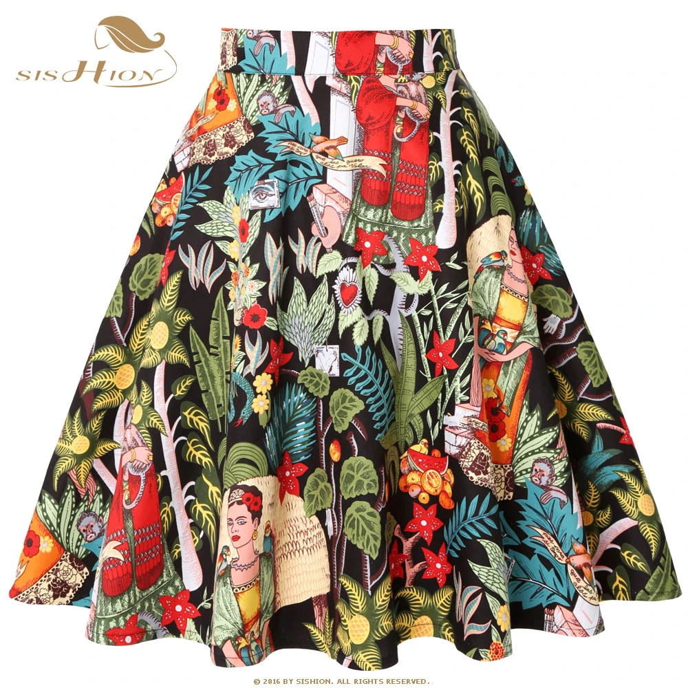 SISHION Retro Vintage Cotton Black Skirt VD0020 2021 Floral Animal Print jupe femme Rockabilly Swing Summer Ladies Women Skirt