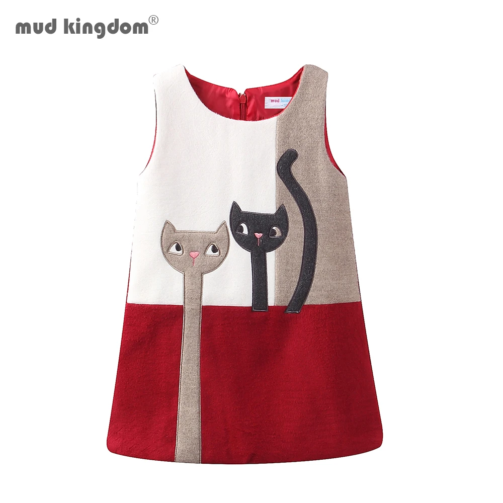 Mudkingdom Little Girls Dresses Sleeveless Wool Cute Cats Bunny Cartoon A-Lined for Kids Dress Girls Clothes Autumn Winter