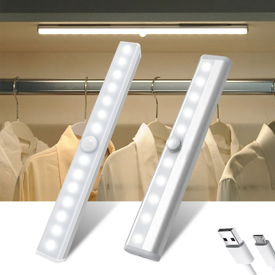 6 10 24 40 60 LED Closet Light USB Rechargeable Under Cabinet Lamp Dimmable Motion Sensor Wardrobe Lights with Magnetic Strip
