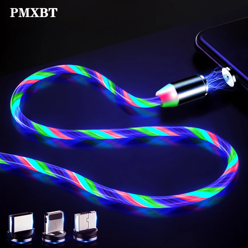 LED Glow Flowing Magnetic Charger Cable Luminous Lighting Fast Charging Micro USB Type C For iPhone Android Phone USBC Wire Cord