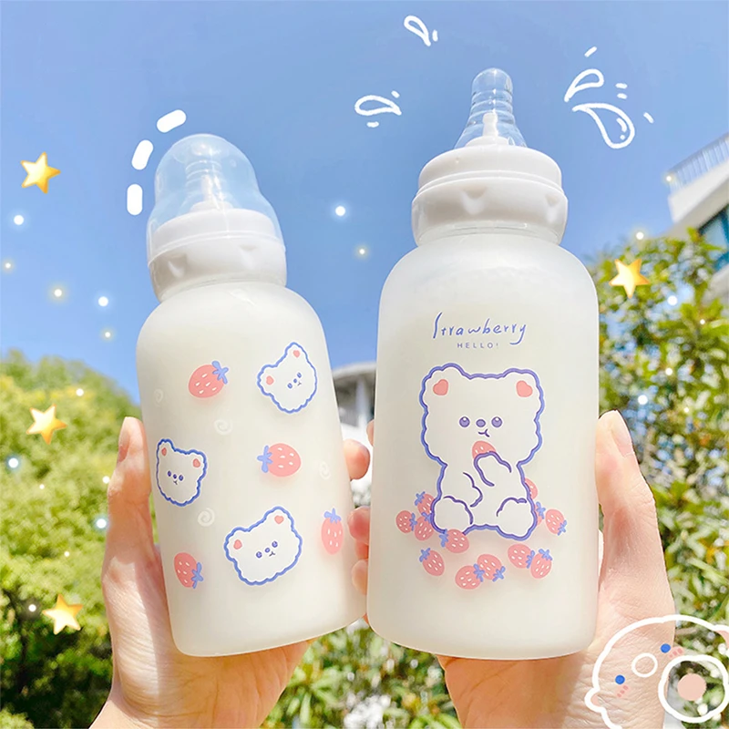 Cute Cartoon Strawberry Bear Glass Pacifier Water Bottle Straw Cup For Adult Children Milk Frosted Bottle Baby Feeding Bottles