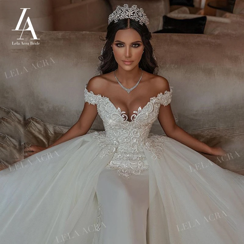 LelaAcra Detachable Train Wedding Dress 2021 Luxury Sweetheart Appliques Bridal Gown Princess SM09 Plus Size Vestido De Novia