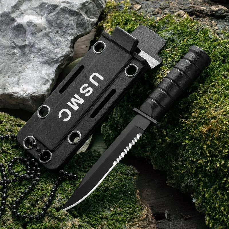 Swayboo survival knife sawtooth blade  fixed Portable Mini Necklace Small Straight Knife case Fruit Knife hunting