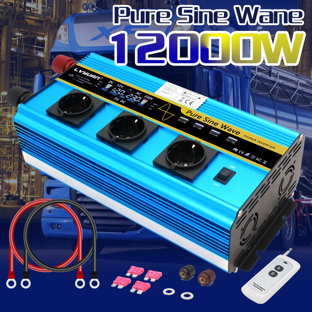 12000W power inverter DC 12V to AC 220V 230V Converter Supply Solar Power LCDscreen 4USB 4FAN with remote control 3AC EU socket