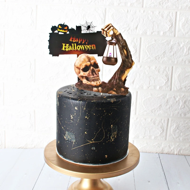 Skull LED Halloween Cake Topper Happy Halloween Cake Topper Decorative Sign Party Decoration Supplies Cake Decorating Tool