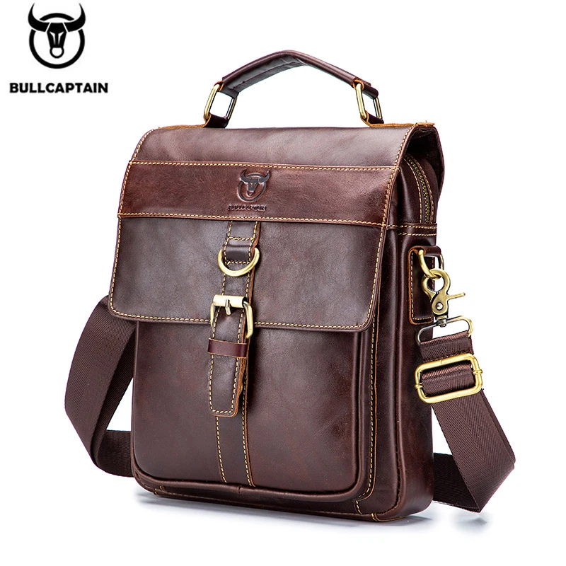 BULLCAPTAIN retro business messenger bag, leather men's shoulder bag, fashion casual handbag, teen student bag